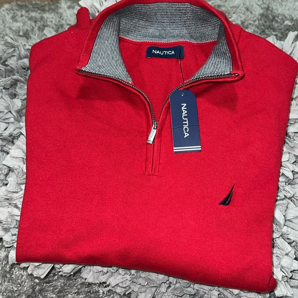 MEN’S RED QUARTER ZIP, Soft fleece Sweater/ Long Sleeve Shirt. Size is LARGE!
